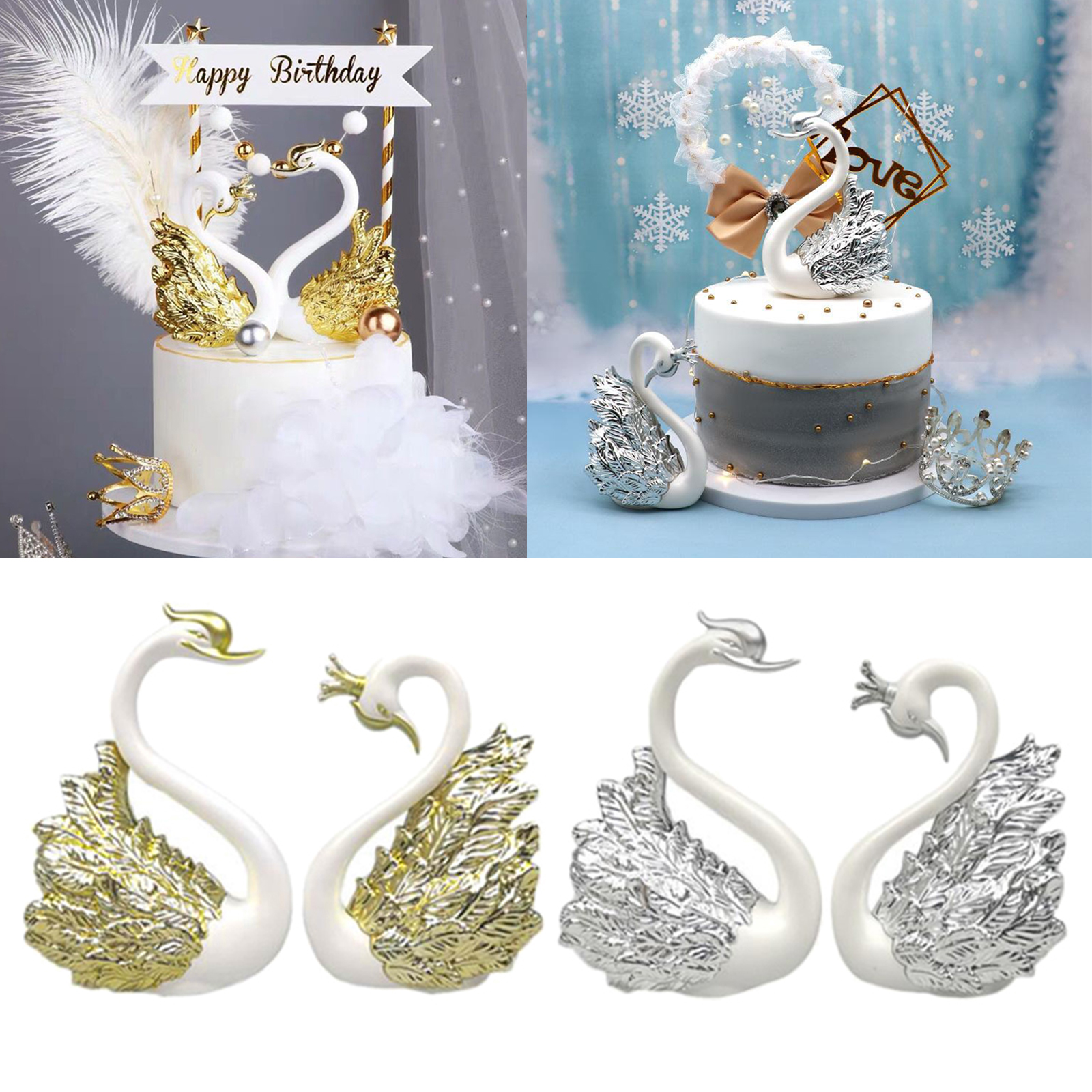 2pcs Romantic Crown Swan Figurine Collection Cake Topper Table Centerpiece Ornament