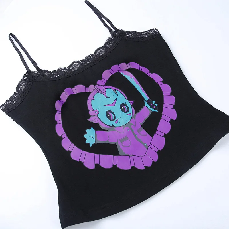 E-girl Gothic Grunge Print Cami Top Women Black Lace Trim Mini Vest y2k Harajuku Spaghetti Strap Crop Top Punk Emo Alt Clothes