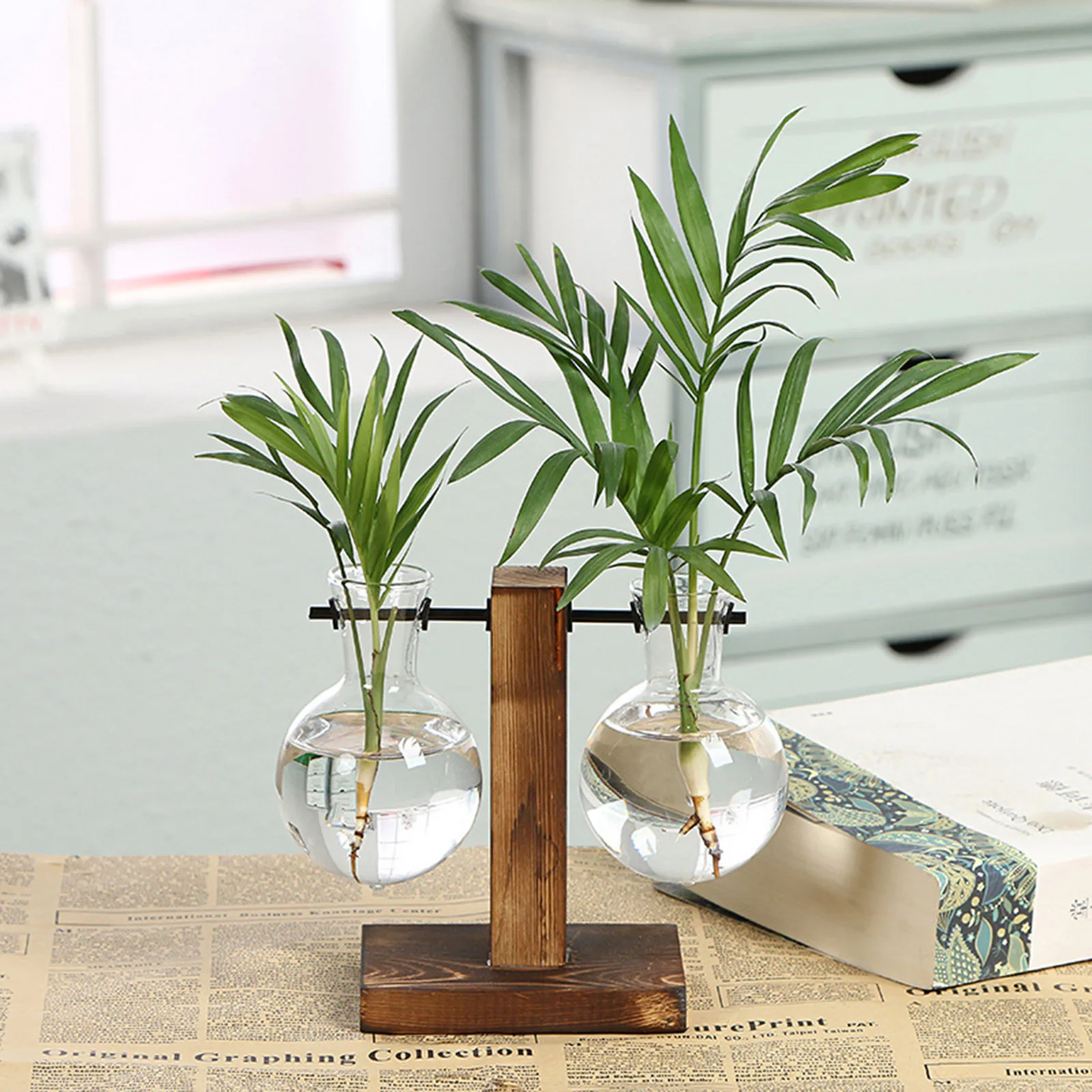 Feitore Desktop Plant Terrariums Glass Planter Bulb Vase Modern Propagation Station Hydroponic Vases with Retro Solid Wooden Stand for Hydroponics Plants Home Garden Wedding Decor 3 Vases