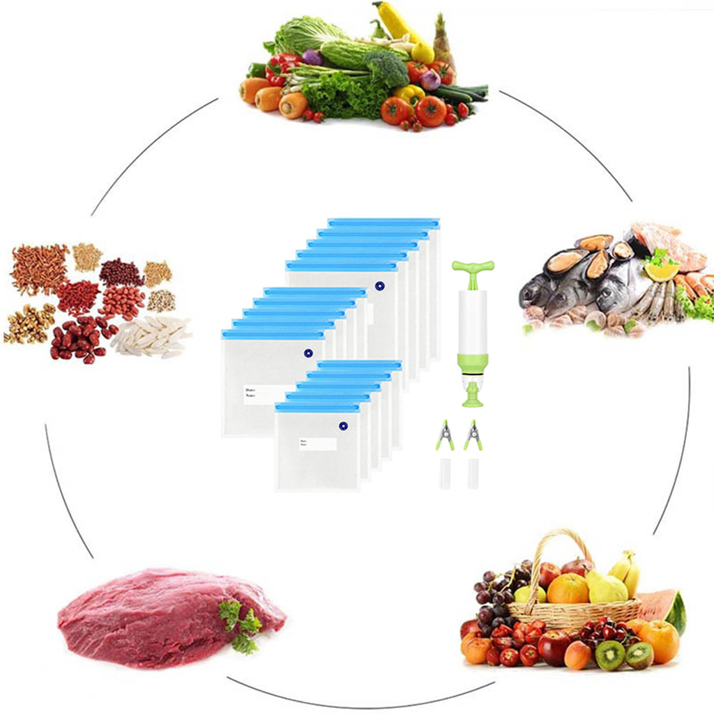 20Pcs Vacuum Sealer Bags Reusable Food Storage Bag Household Vacuum Food Sealer Bag With Hand Pump Sealing Clips