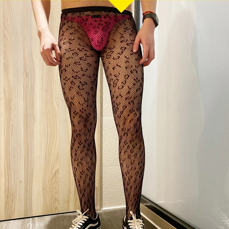 teddy lingerie New Arrive 2021 Men's Tights Sexy Male Underwear High Elastic Fishnet Panty Hose Mans Transparent Leopard Pantyhose mens boxer shorts