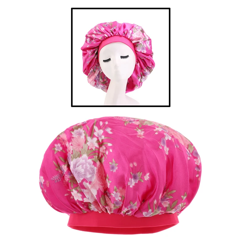 Jumbo Size Satin Bonnet Sleep Cap With Premium Elastic Band For Women Solid Color Head Wrap Brimmed Nightcap Night Hat