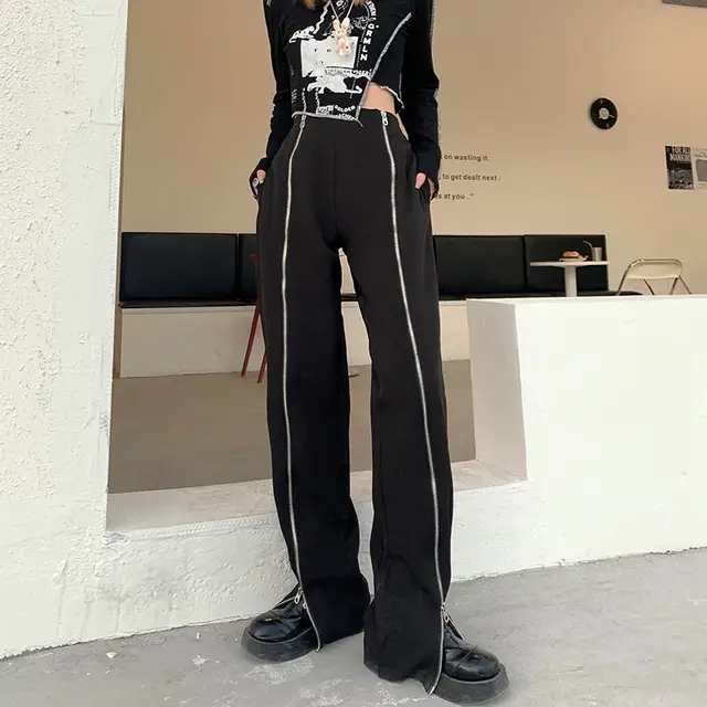 Y2K Slit Zipper Black Flare Pants Women High Waist Pocket Casual Fashion  2022 Autumn Winter Sexy Slim Floor-Length Pants New