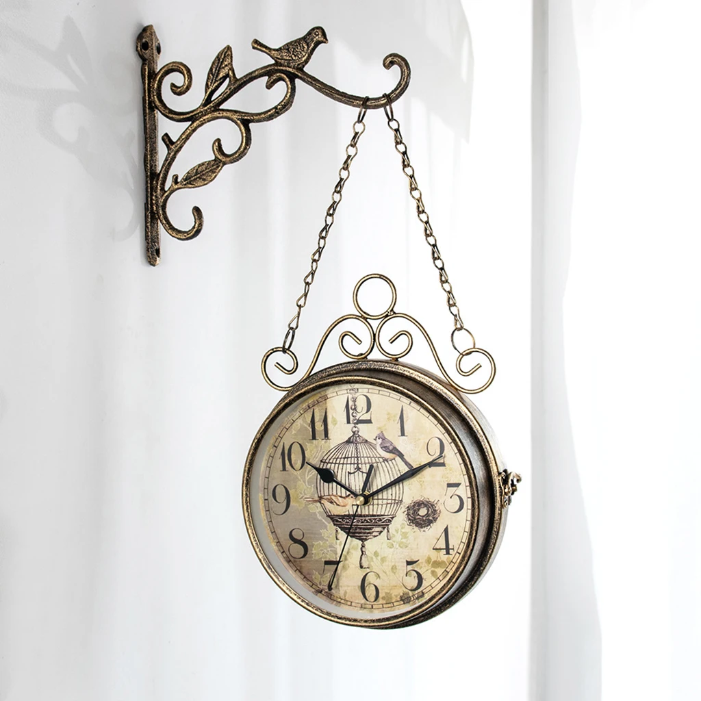Double Sided Wall Clocks, Battery Powered Metal Vintage Style Clock Antique Circle Station Wall 2- Side Hanging Clock Wall Home