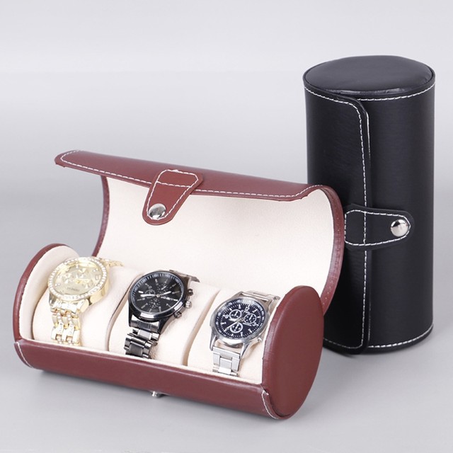 Luxury Watch Box 3 Slot Leather Round Organizer Box Case 1pc