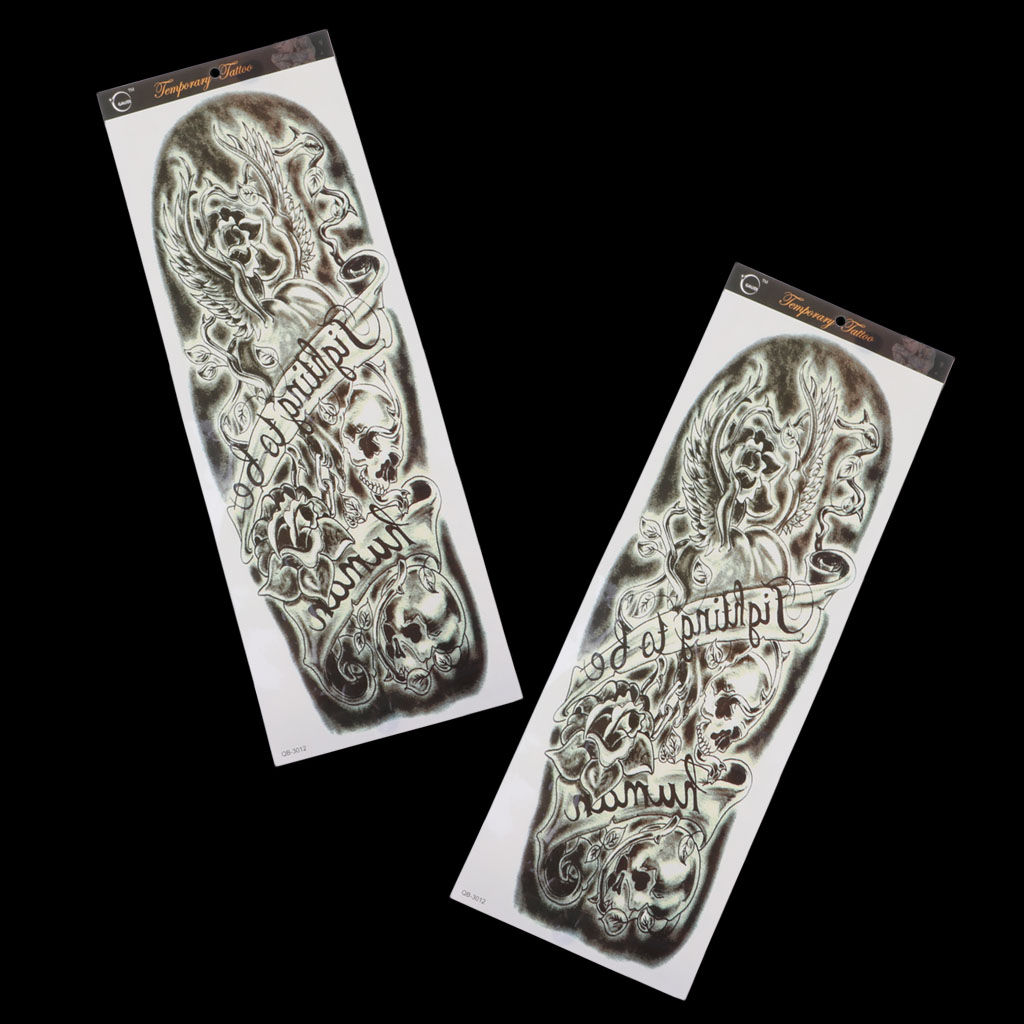 2pcs Temporary Tattoo Sleeves, Large Fake Black Full Arm Tattoo Stickers Skull & Rose Pattern