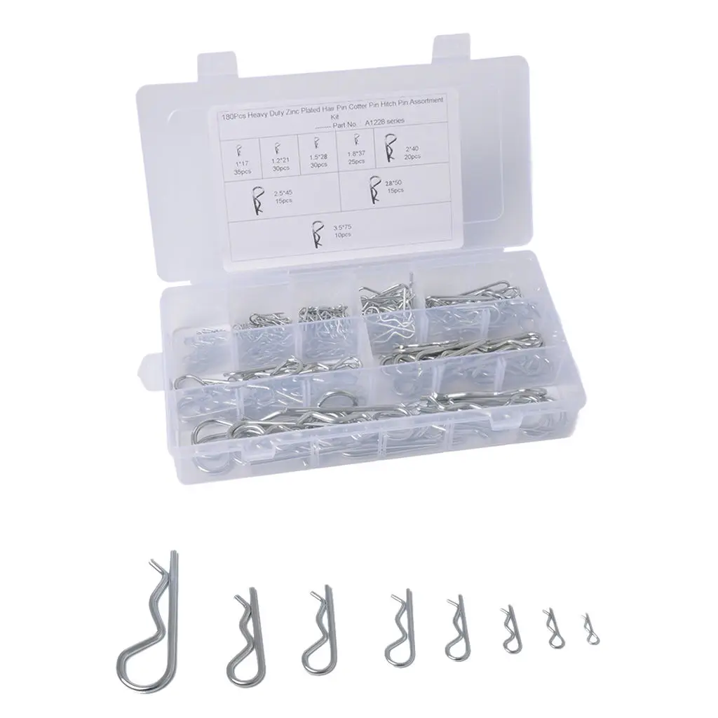 R Cotter Pin Tractor Pin Clip Assortment Fastener Set 8 Different Sizes with Plastic Box Set of 180pcs