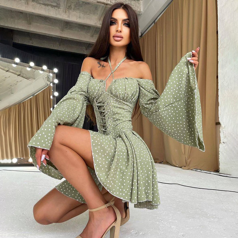 Waliicorners Vintage Dress Polka Dot Flare Sleeve Pleated Dresses Bohemian Dress Long Sleeve Tie Up Corset 11 Hbd221a91059d432a9131eb74fa0eb47c0