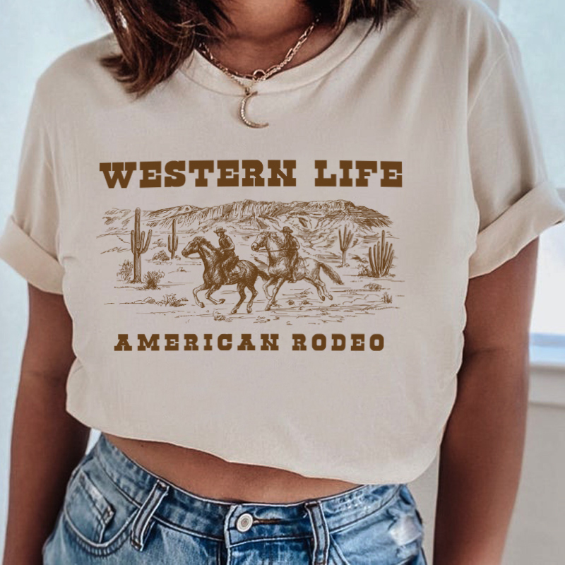 camisa de algodão de algodão de manga curta bonito estético camisa de topos cowboy rodeo retro feminino camiseta cowgirl estilo ocidental país do vintage