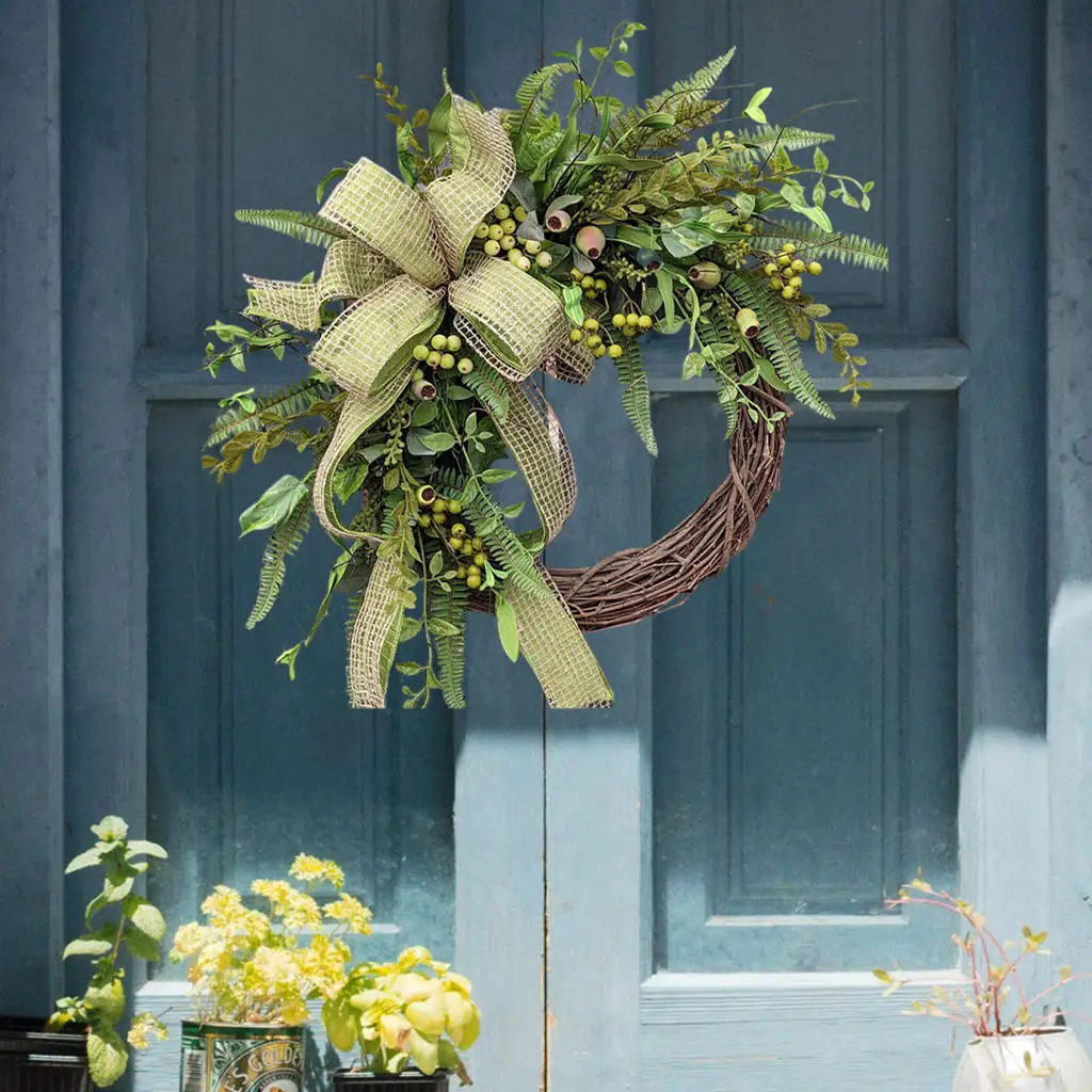 Artificial Leaf Flower Garland Wreath W/Green Leaf Garland Pod Decor for Front Door Farmhouse Outdoor Spring Window Decoration