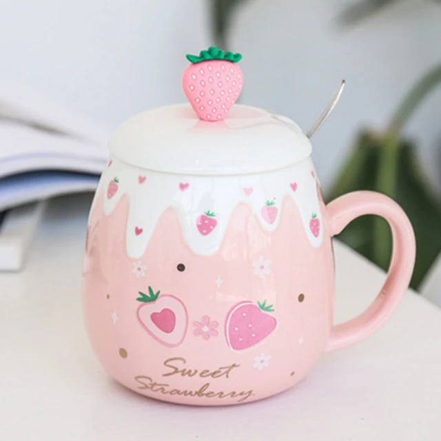 Clearance!Creative Strawberry Coffee Mugs Ceramic Mug Travel Cup with Lid  And Spoon Christmas Cute Heat-resistant Handmade Lemon Juice Tea