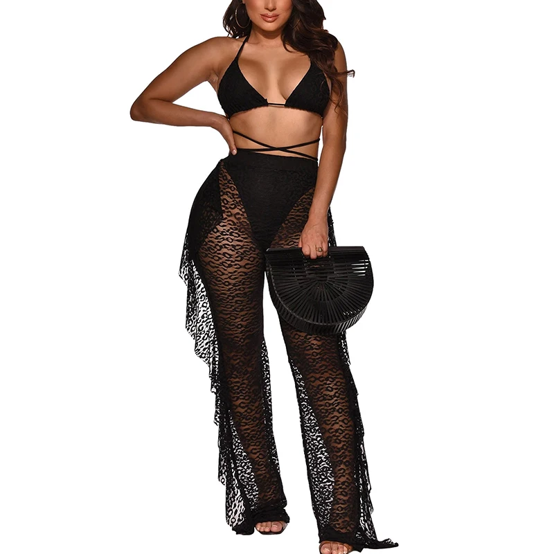 summer beach maxi dresses Women See Through Bikini Cover Ups Pants Leopard Mesh Lace Embroidery High Waist Long Trousers with Ruffles Summer Swimwear New bathing suits and cover ups