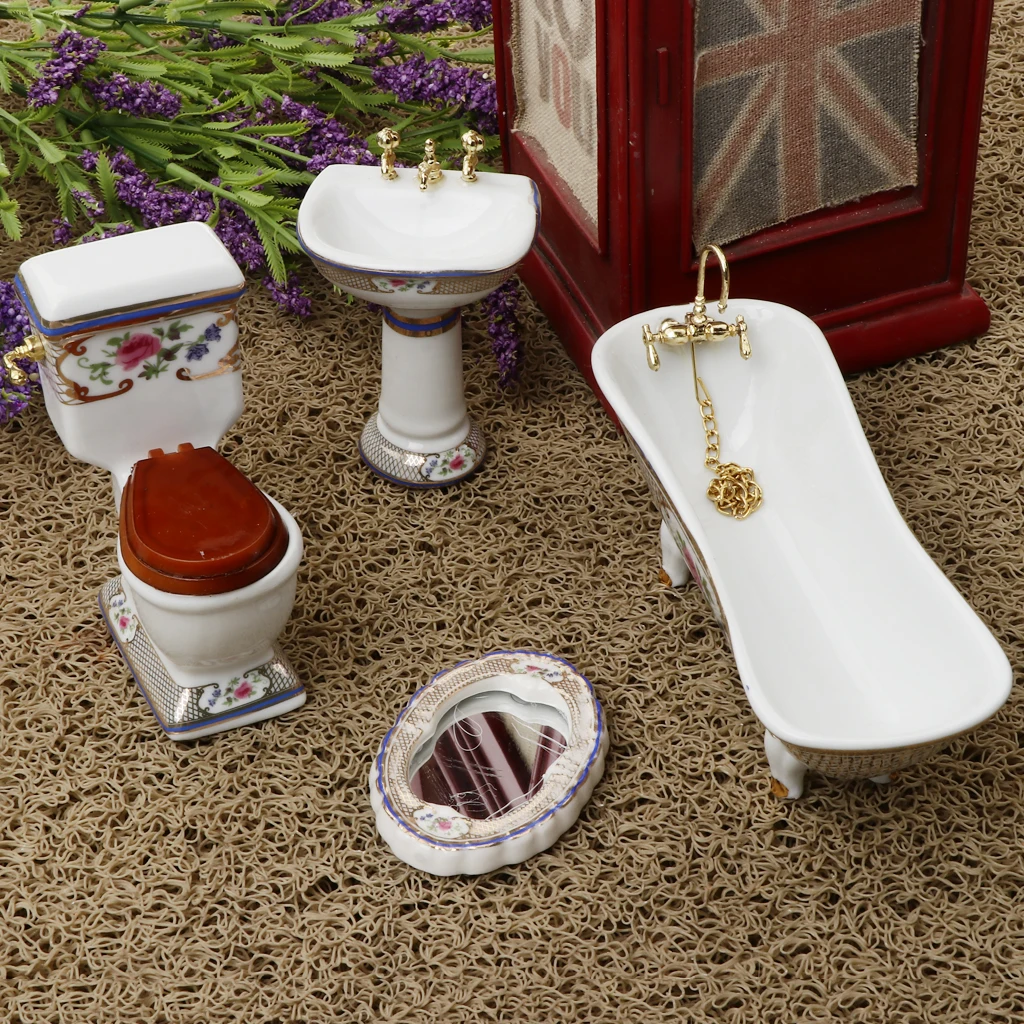 1/12 Dollhouse Miniature Bathroom Furniture Kit Bathtub Toilet Set
