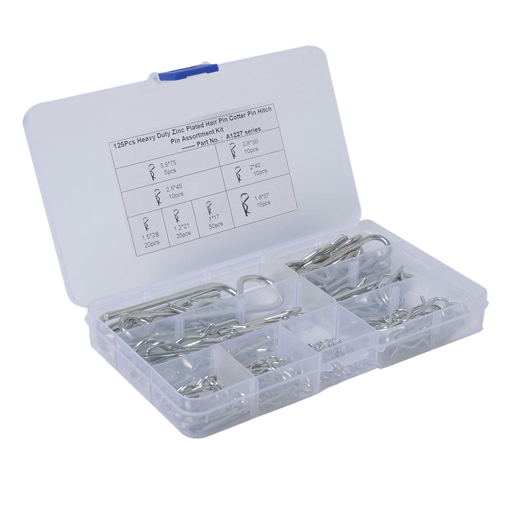 R Cotter Pin Tractor Pin Clip Assortment Fastener Set 8 Different Sizes with Plastic Box Set of 125pcs