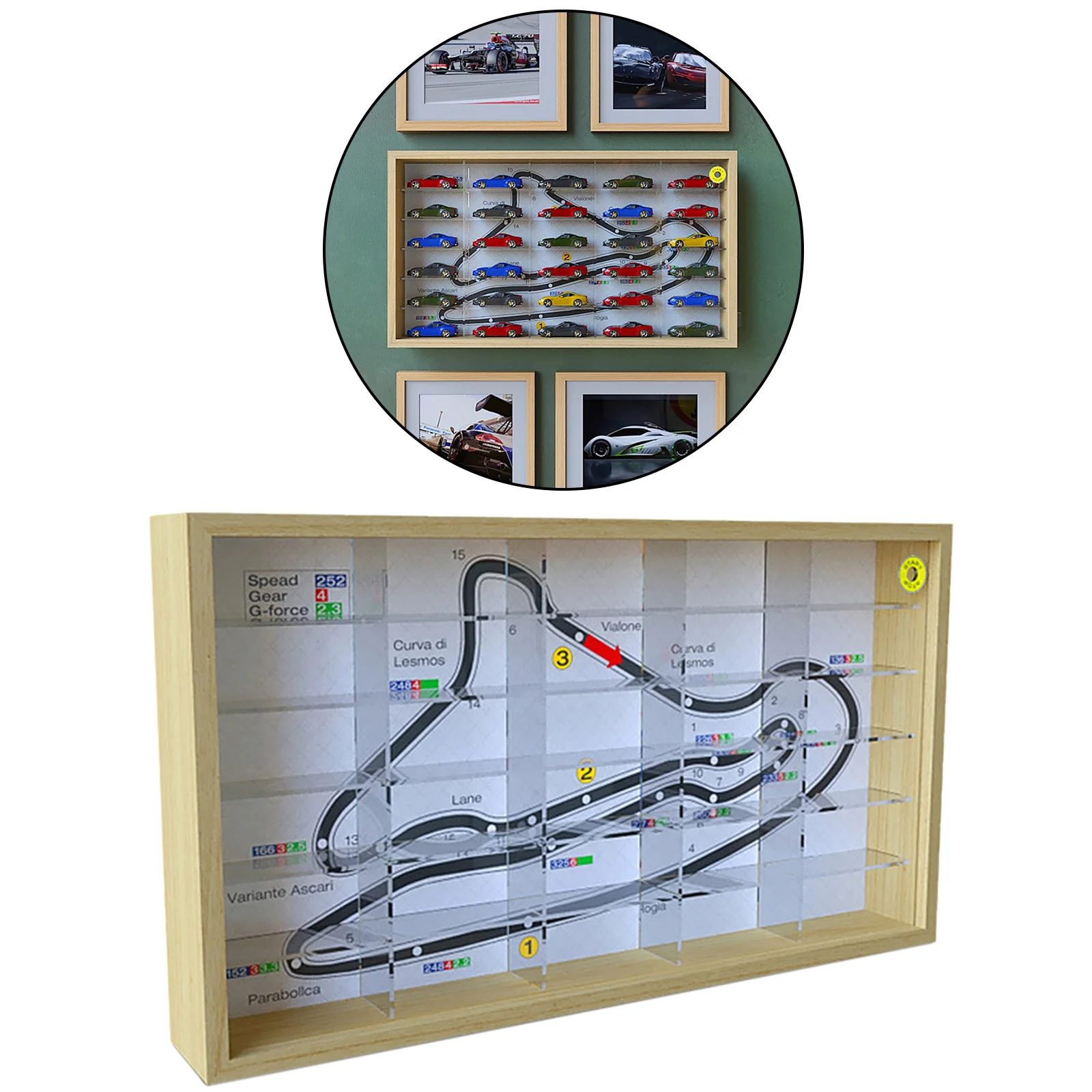 Wall Hanging Display Case with Acrylic Cover & Wood Base, Storage Box, Organizer Compartment for 1/64 Car Model