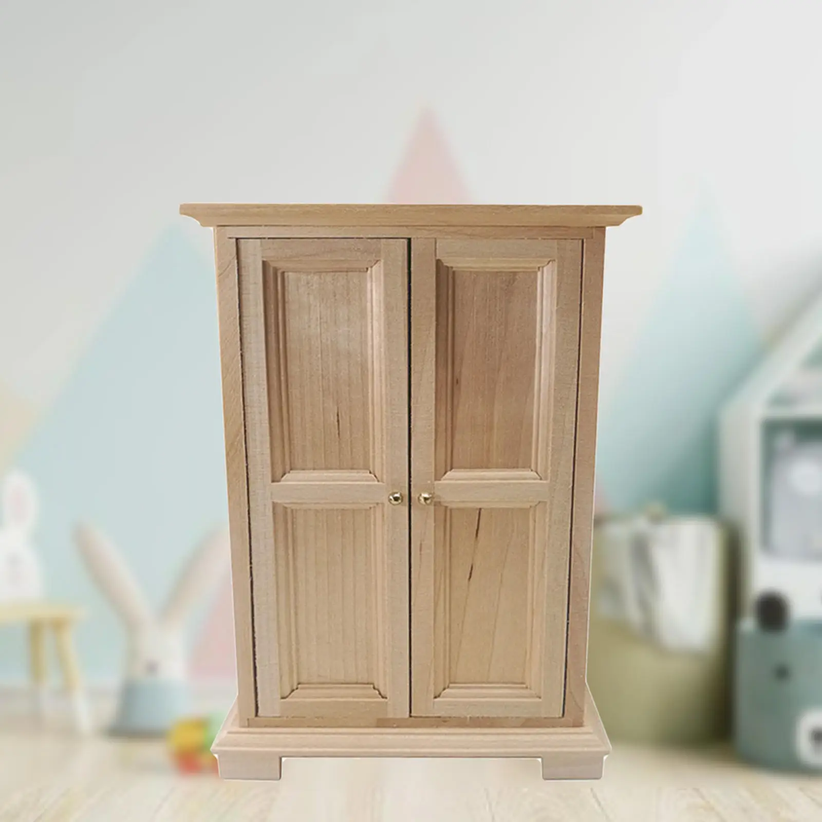 1:12 Miniature Dollhouse Wooden Wardrobe Vintage Double Door Closet for Landscape Home Bedroom