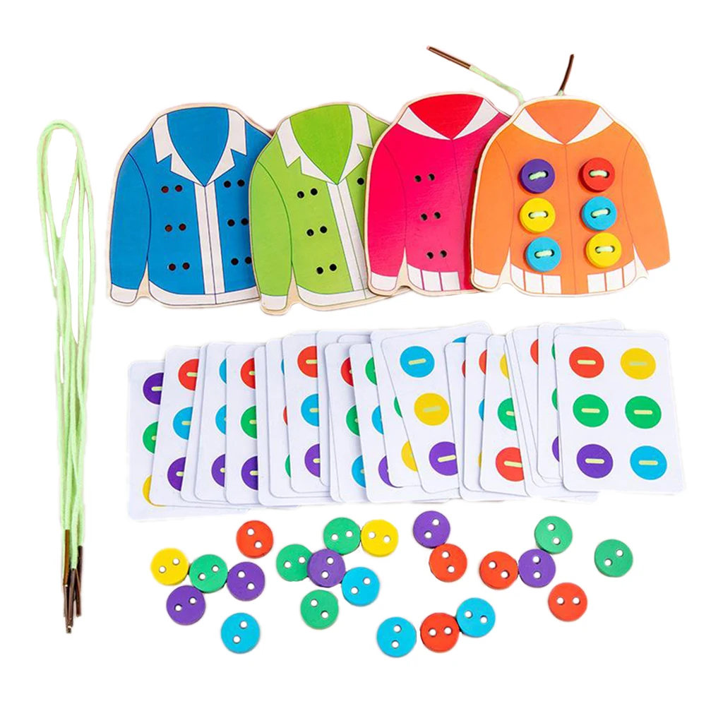 Montessori Wooden Lacing Toys Toddler Threading Game Sew on Button Preschool