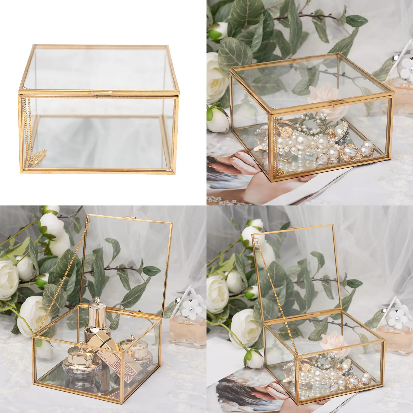 Golden Square Vintage Brass & Clear Glass Decorative Box Home Decor, Small Jewelry Case Box Organizer with Latching Lid 5x5x3