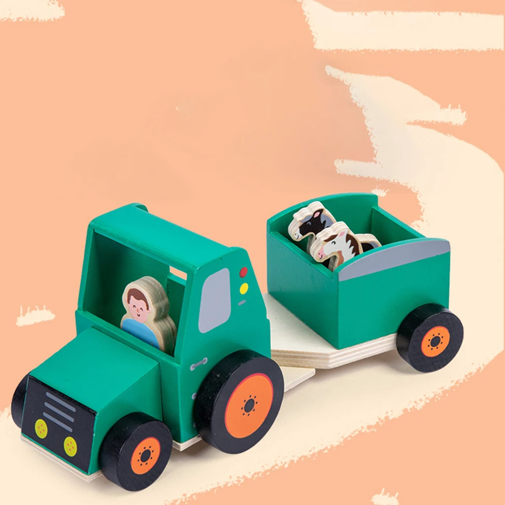Crafts Wooden Mini Car Tractor Trailer Truck Smooth Wheels Montessori Development Pretend Play Toys Birthday for Kids