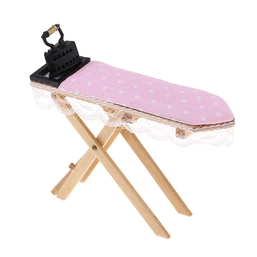 Dollhouse Miniature Foldable Ironing Board with Lace Trim And Vintage Iron