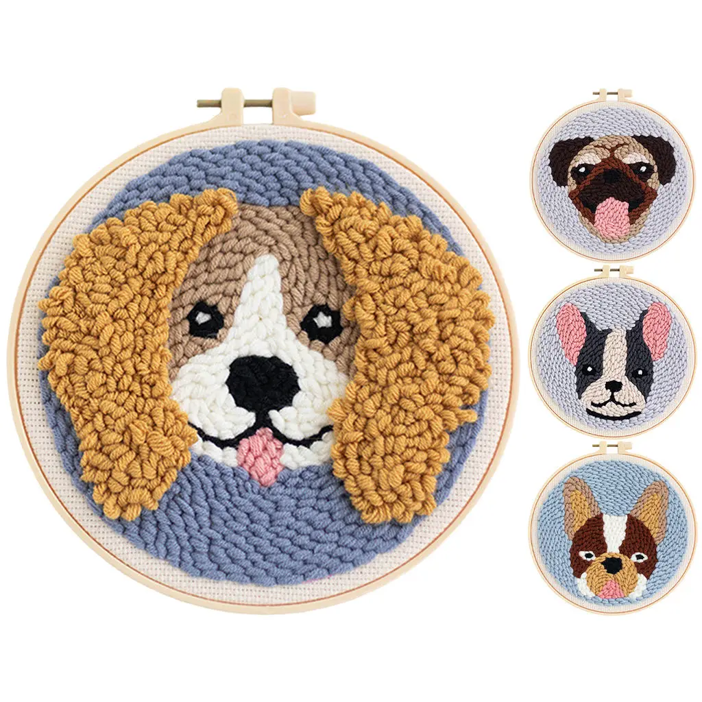 Punch Needle Embroidery Dog Pattern Kit Threader Fabric Embroidery Hoop Yarn Rug Punch Needle Kits for Adults Kids Beginner