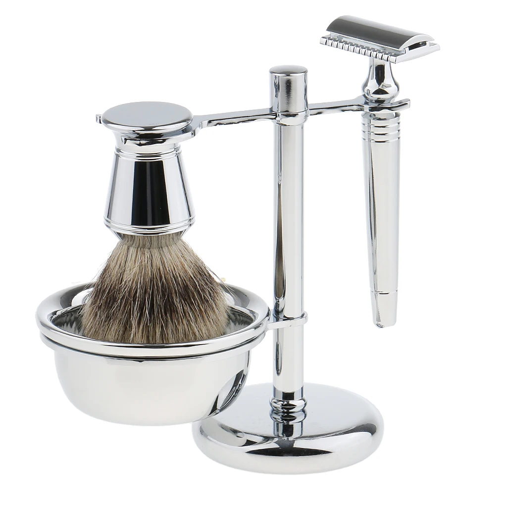 Men`s Safety Shaving Kit, Bristle Brush, Silver Brush Stand Holder,  Razors with Bowl Mug - Silver