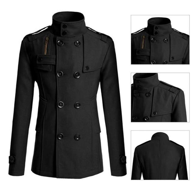 Men Windbreaker Coat Solid Color Double-breasted Wool