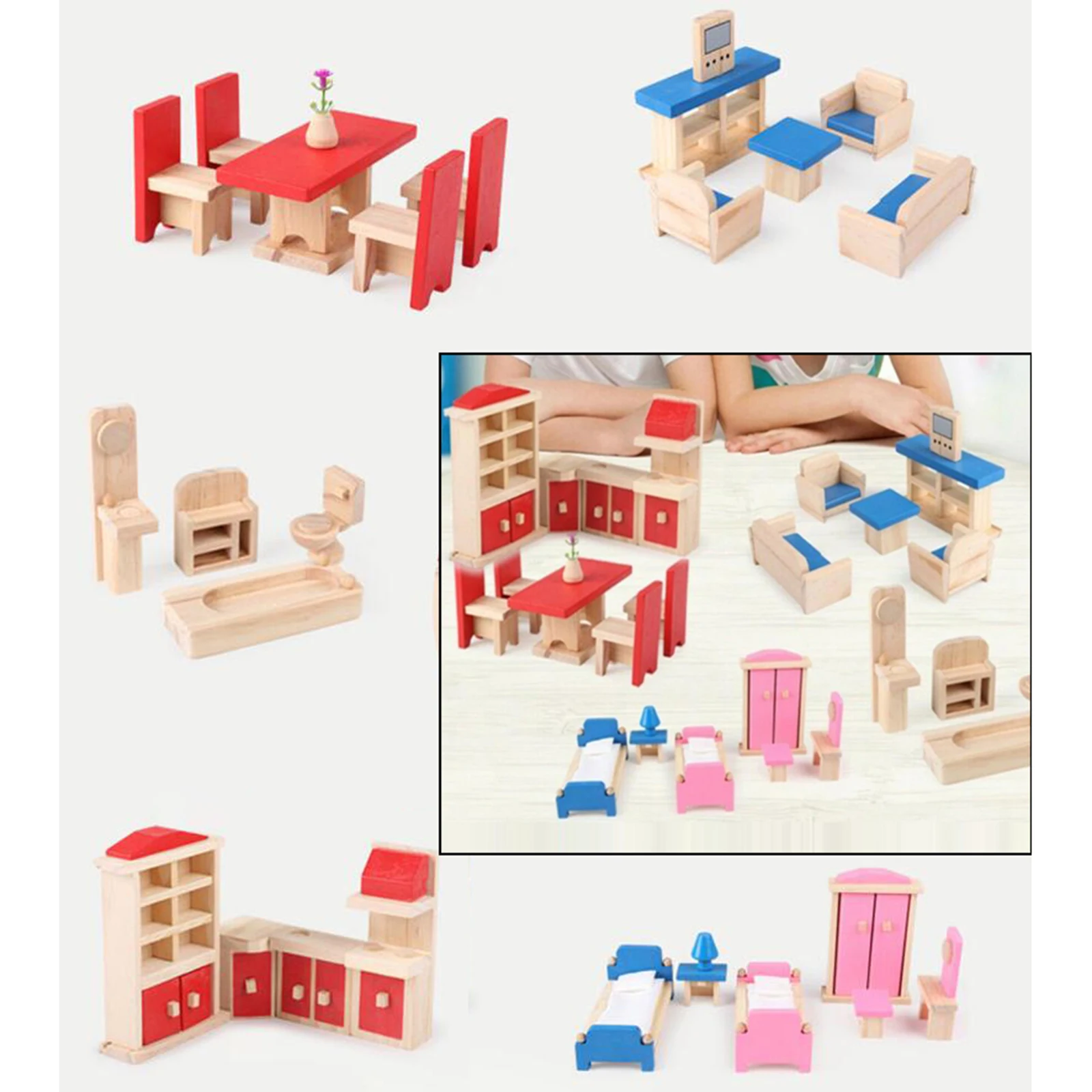 Wood Doll House Furniture Dining Room  Decor Accs Pretend Play Toy Age 3+