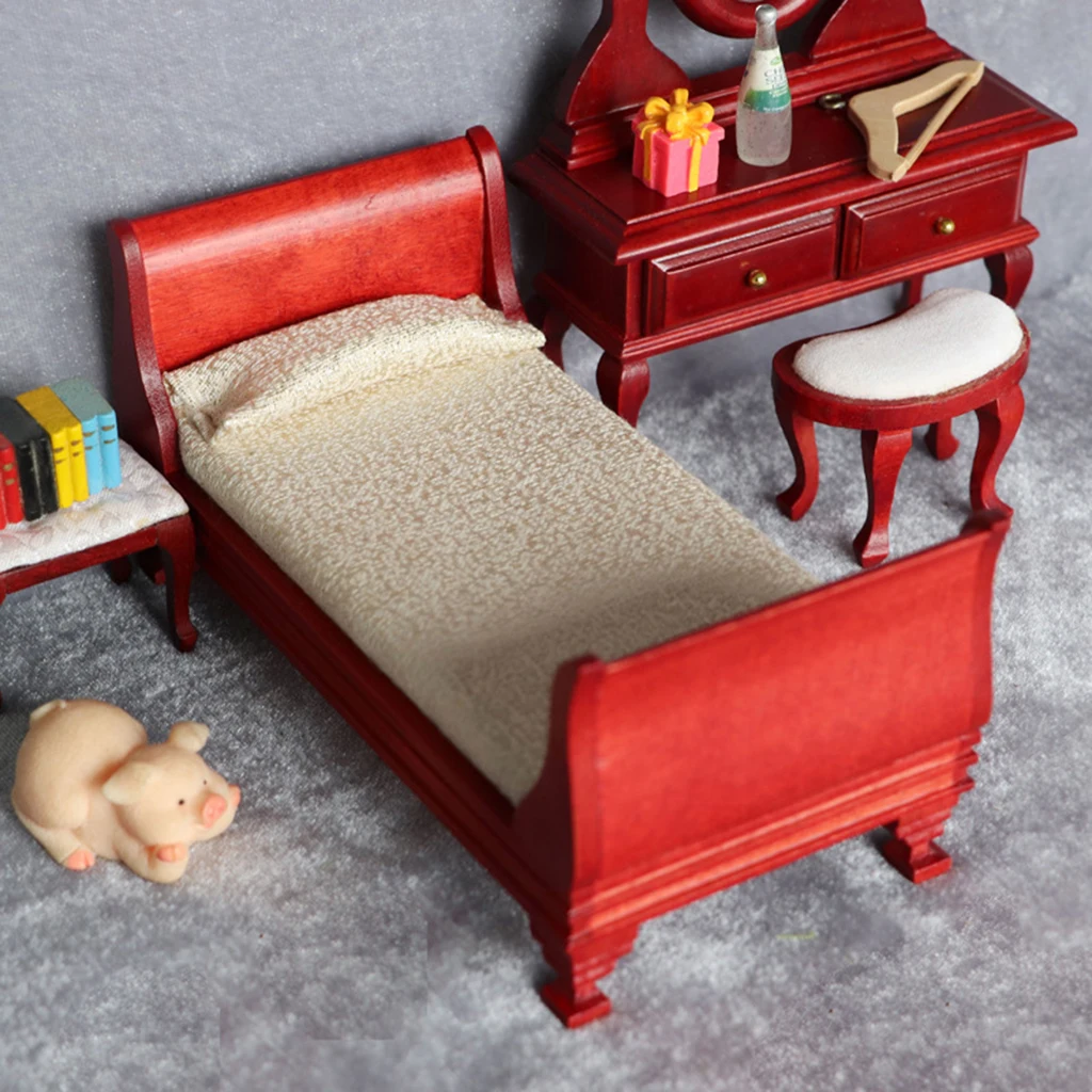 Retro Style 1/12 Dollhouse Single Bed Model Miniature Furniture Toys for Kids for Mini Living Room Decor Accessories