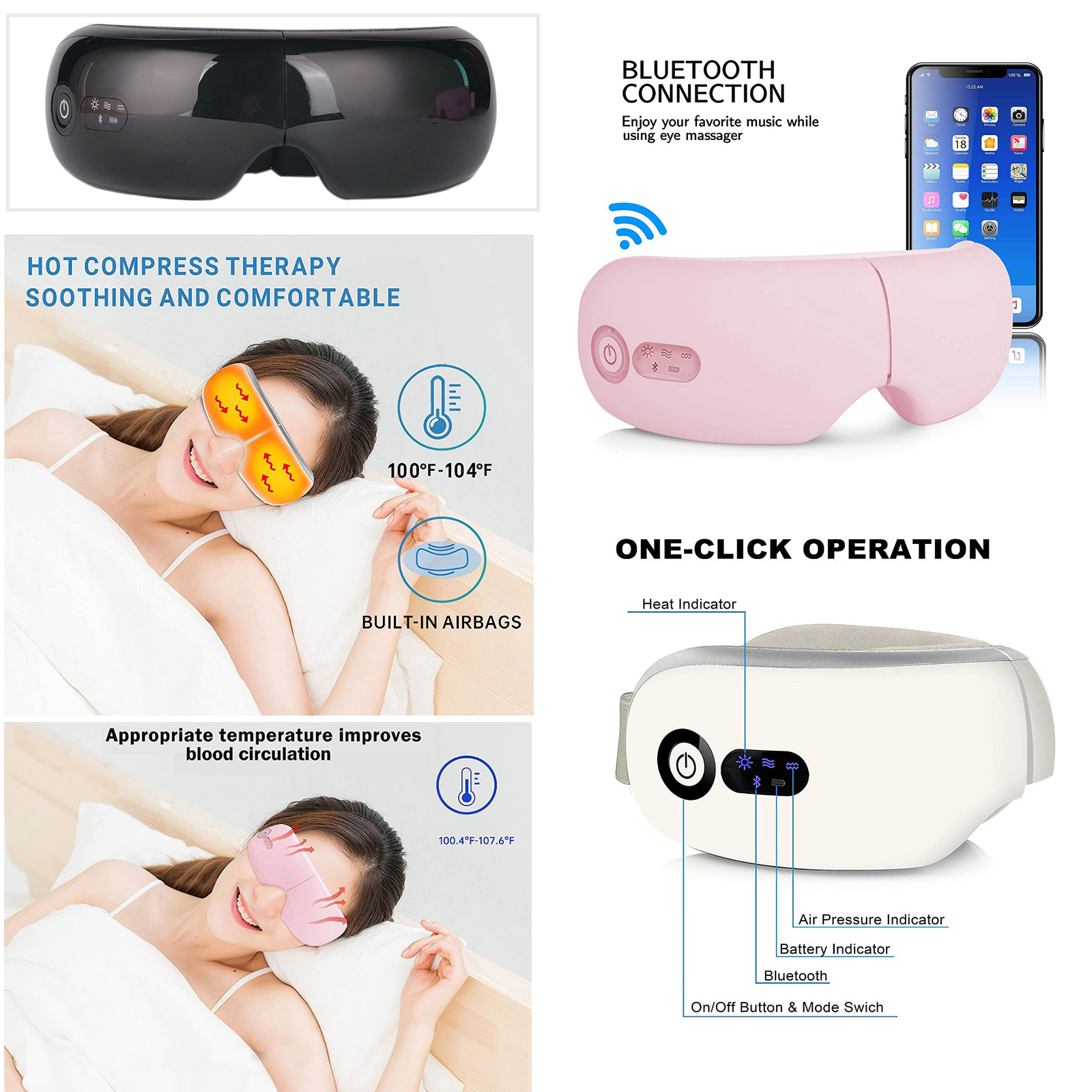 Portable Electric Eye Massager with Heat Air Compression Vibration Wireless Eye and Temple Massager Rechargeable