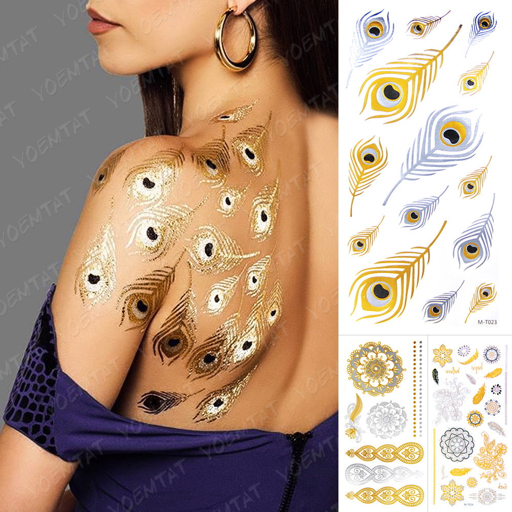 Best of Waterproof Temporary Tattoo Sticker Peacock Feather Gold Silver Metallic Flash Tatoo Henna Mandala Glitter Bracelet Body Art Reviews & Tips