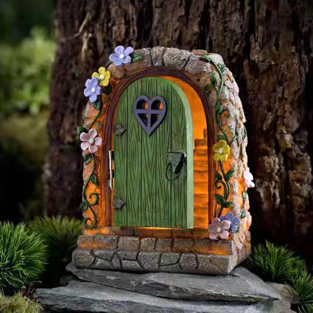Large Fairy Door Solar Light LED Elf Steps Stone Door Secret Magical Fairy Garden Ornament Outdoor Figurine 15cm