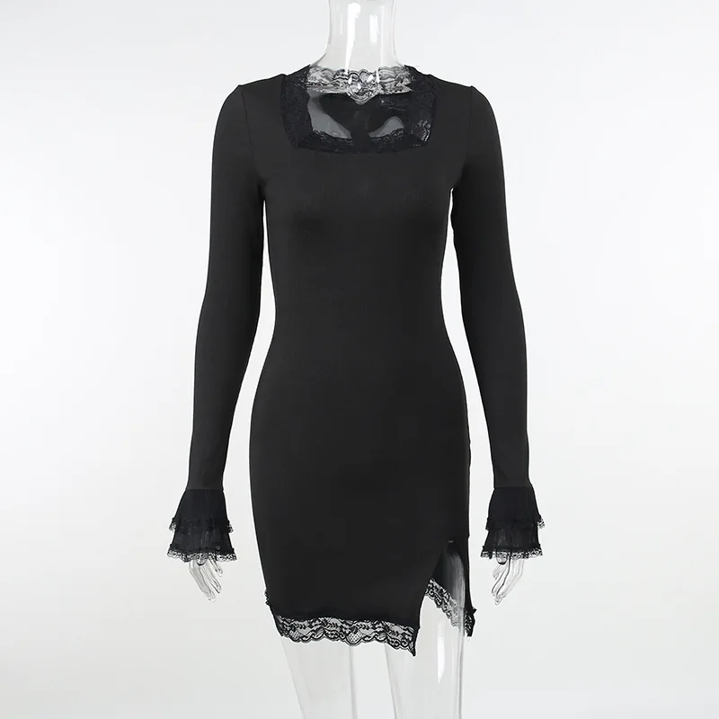 E-girl Grunge Black Mini Dress Women Vintage Streetwear Lace Trim Long Sleeve Wrap Bodycon Dress E-girl Punk Gothic Alt Clothes