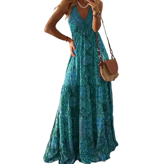 Glonme Women Summer Beach Sundress Spaghetti Straps Long Maxi Dresses V  Neck Slip Dress Travel Sexy Bohemian Sleeveless LQ479-lv M 