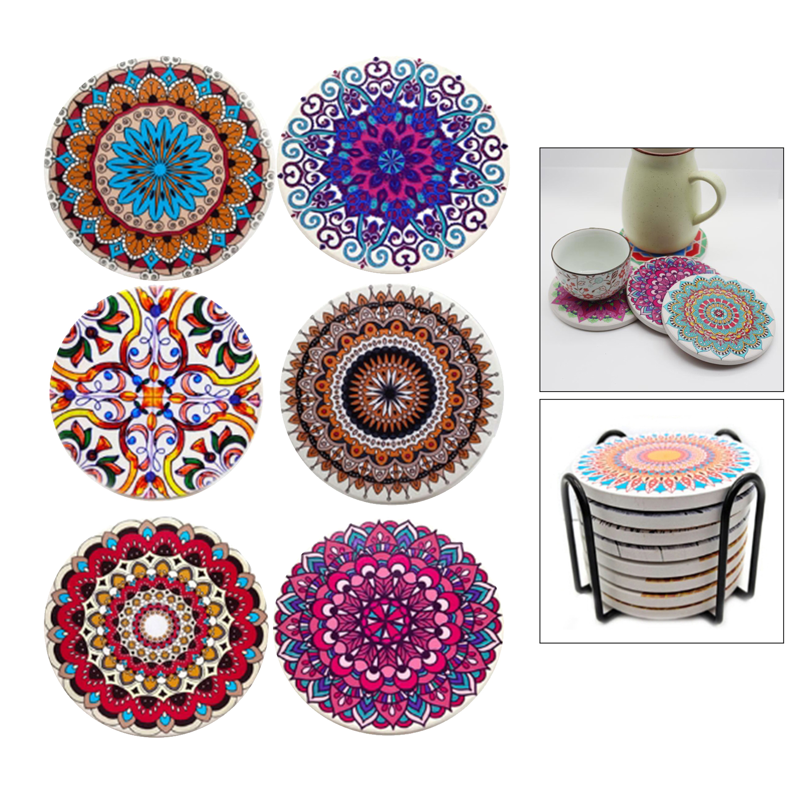 6/8pcs Heat-insulated Ceramic Cork Base Round Cup Coasters Drinks With Storage Holder Dining Table Decor Housewarming