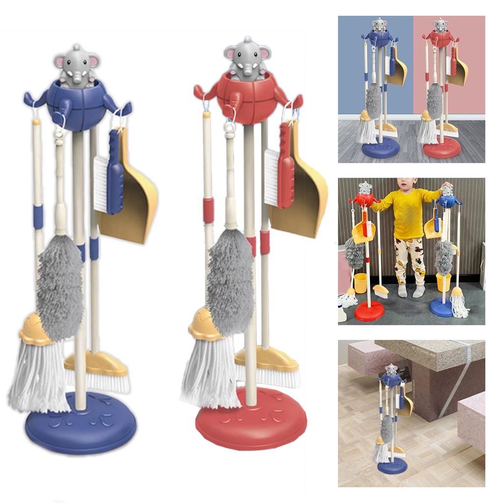 1Set Cute Elephant Kids Cleaning Toy Set Pretend Play With Broom Mop Brush Organizing Stand for Kids 4-6 Years Old