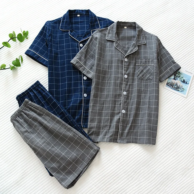 Summer new men's pajamas two-piece 100% cotton gauze short-sleeved shorts simple plaid loose casual breathable home service suit best mens pajamas