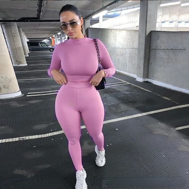 Fashion Tracksuit Women O-Neck Long Sleeve Crop Tops Skinny Pants Matching Set Stretchy Sporty Fitness Outfits 2 Piece Set GV454 plus size sweat suits