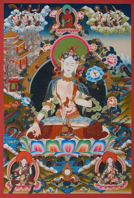 Thangka Tibétain 100 Tara Verte Gandhanra - Peinture Dorée Sur Soie - Décoration Zen Et Méditation