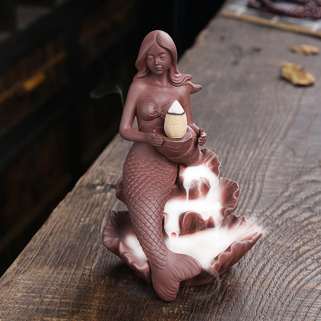 Ceramic Incense Burner Waterfall Backflow Incense Holder, Novelty Mermaid Censer Artistic Tea House Incense Burning Stand