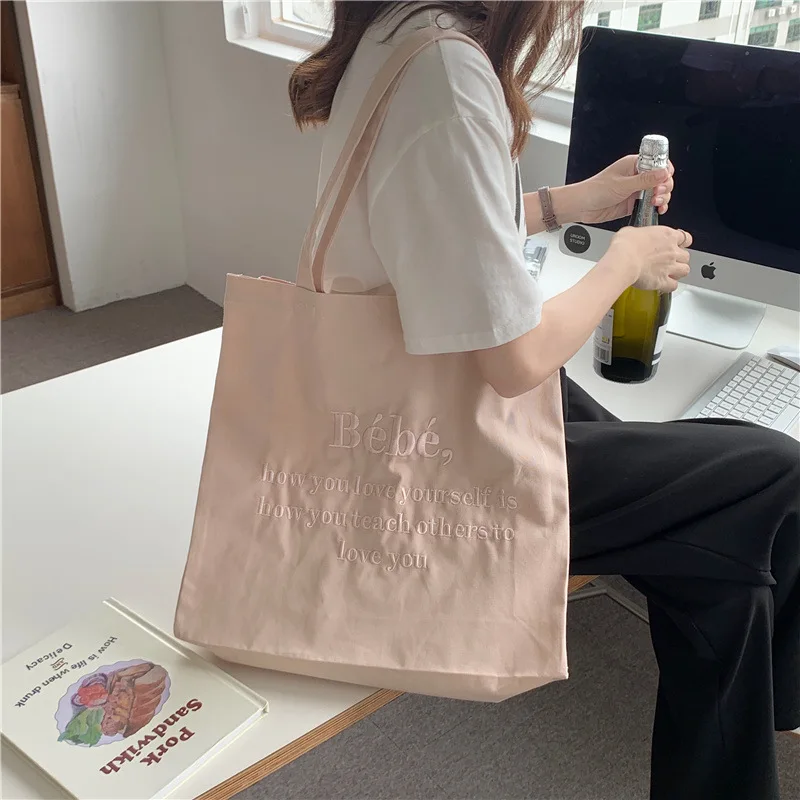 Letter Embroidered Women Canvas Shoulder Bag Female Girls Student Book Tote Handbags Large Capacity Ladies Reusable Shopper Bag