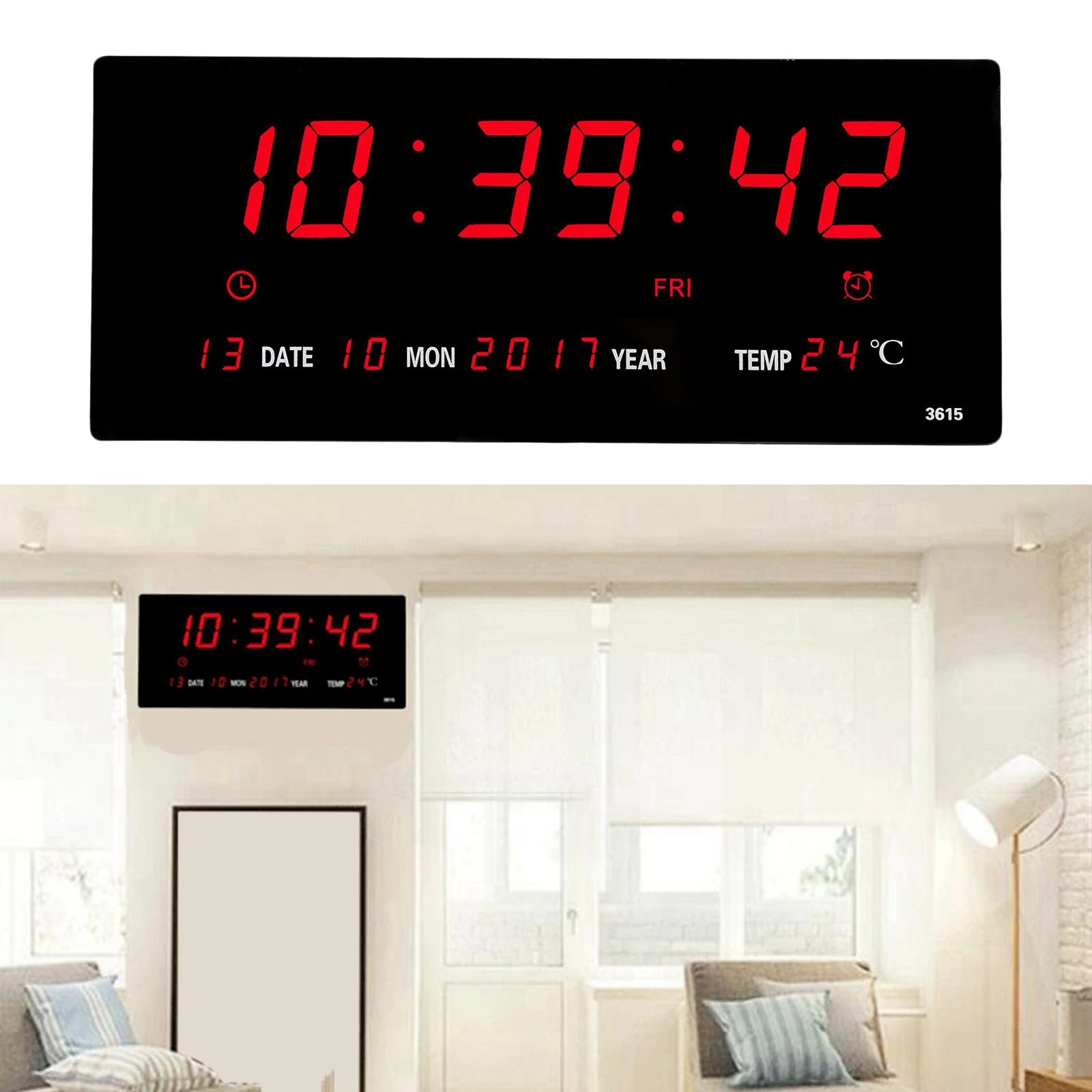 LED Digital Wall Clock Calendar Large Display w/ Indoor Temperature Date and Day