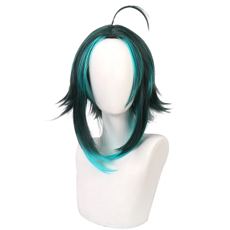 cosplay cowboy Game Genshin Impact Xiao Cosplay  Mixed Dark Green Blue Short Heat Resistant Synthetic Hair Halloween Role Play Wigs +Wig Cap cowboy cosplay