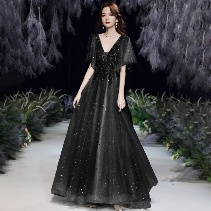 Elegant Long Evening Dresses V-neck Beading New Formal Dress Women Party Gowns Sequins Beauty-Emily Lace up back Tulle Vestidos long sleeve evening dresses