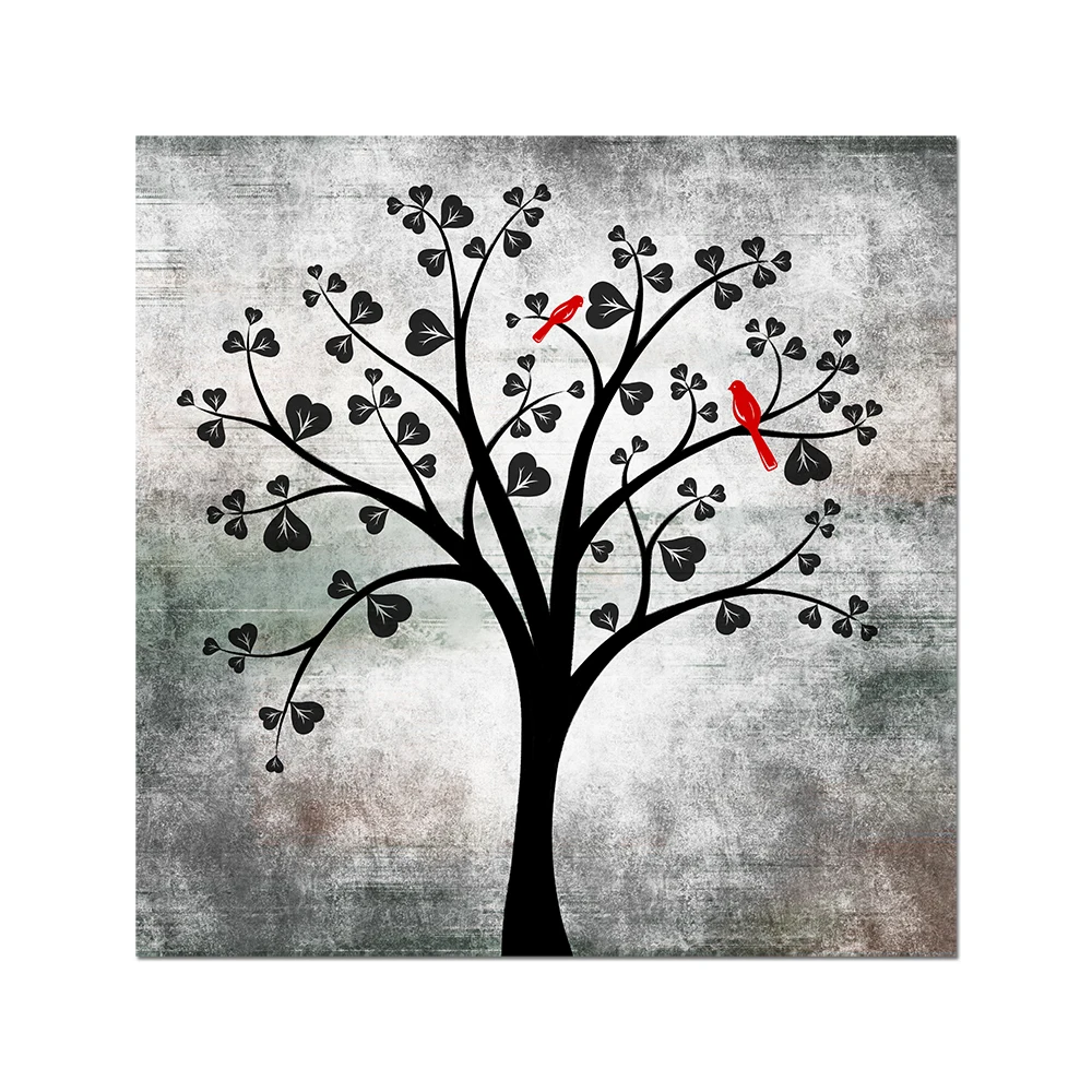 Red Heart Shaped Tree Leaves Black White Canvas Wall Art Picture Print