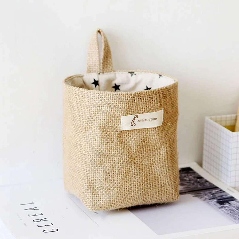 Description Picture 5 of itemDesktop Storage Basket Jute Cotton Linen Bag Hanging Pocket Small Sack Sundries Storage Box With Handle Cosmetic Storage Bag