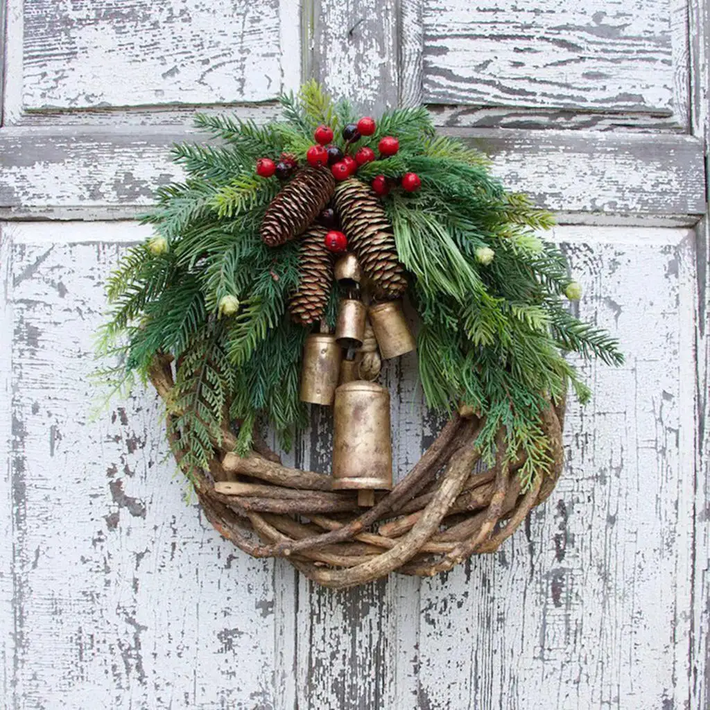 Artificial Christmas Wreath, Bells Pine Cones Decor, Wall-Mounted Christmas Collection Xmas Garland for Front Door Home Party