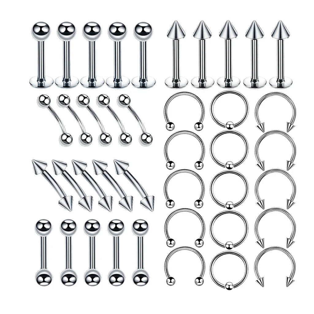 40Pcs Unisex 16G Stainless Steel Curved Eyebrow Ear Navel Belly Lip Nose Ring Studs Hoop Nose Studs Piercing Jewelry Kit Silver
