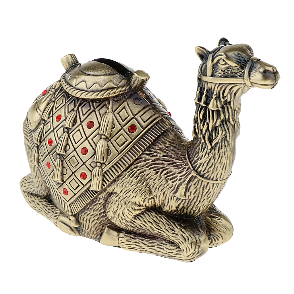 Red Rhinestone Camel Toy Coin Piggy Bank Money Saving Box Antique Alloy 