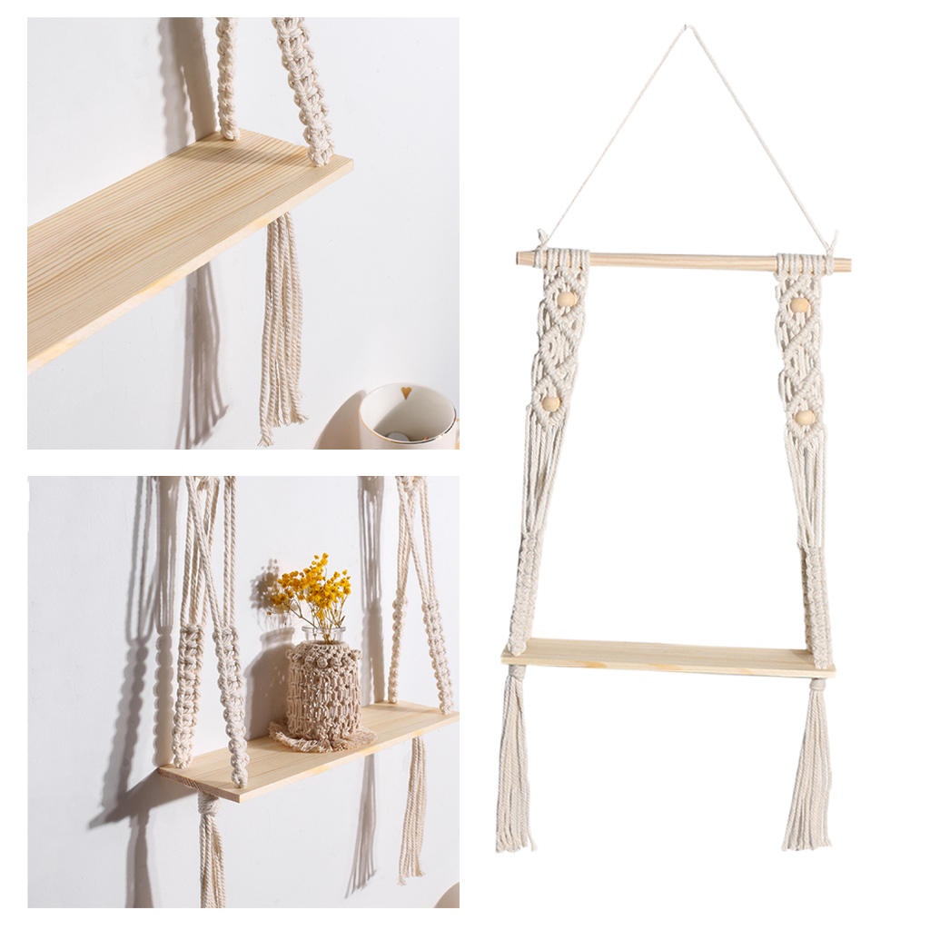 Chic Macrame Wall Hanging Shelf Woven Display Rack Home Storage Magazines Flower Pot Wood Shelf Hanger Organizer Decor